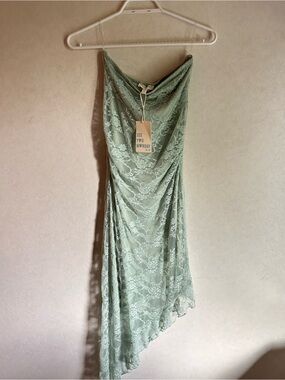 See You Monday Lace Strapless Dress in Sage Green